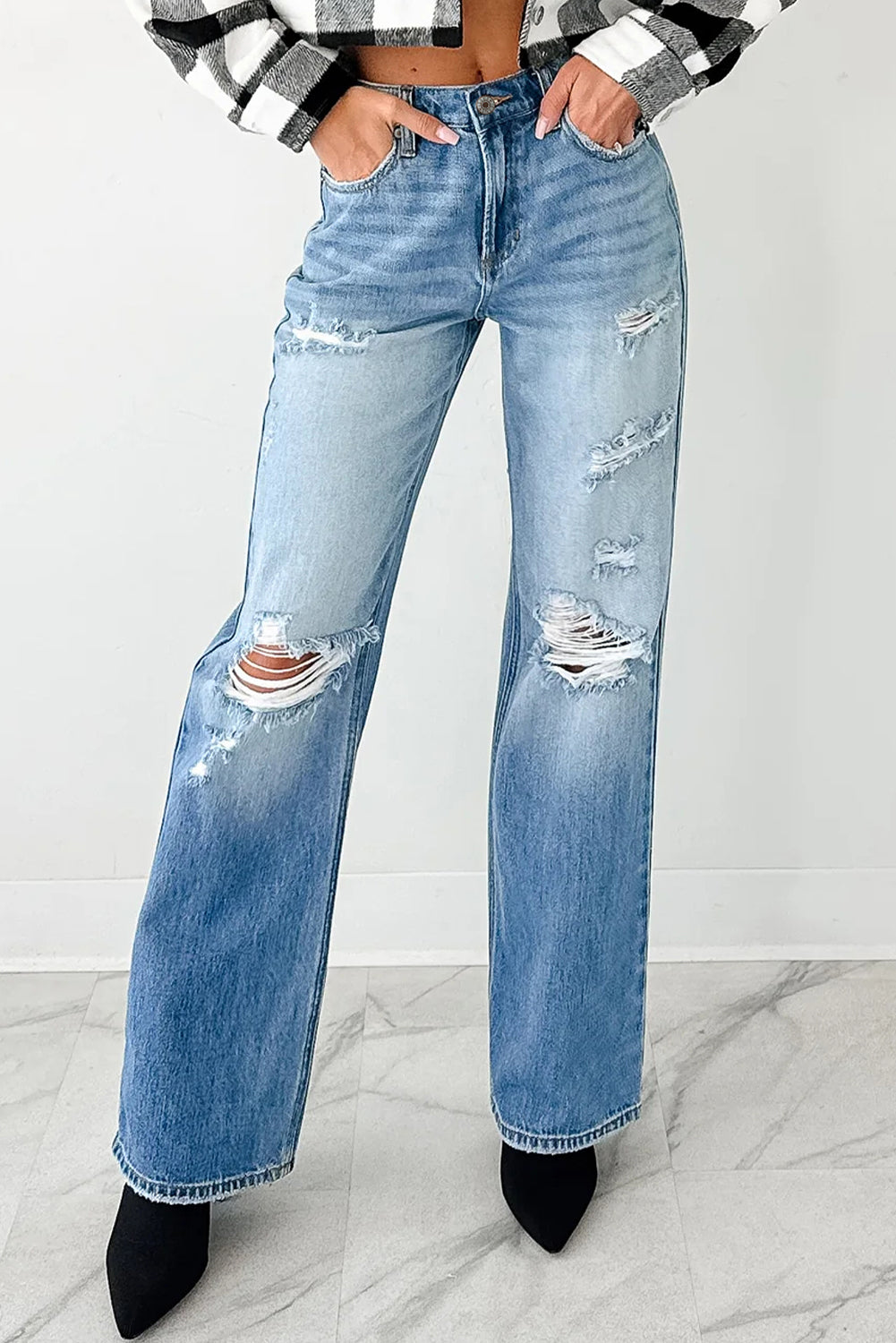 Mid Rise Distressed Sneak Peek Straight Leg Jeans 👖✨