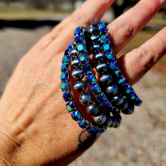 Faux Pearl and Bluegreen Iridescent Stone Bracelets
