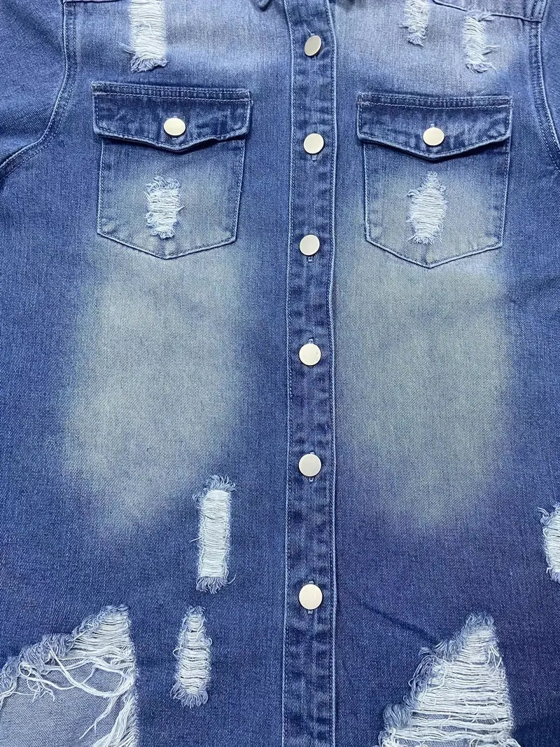 Womens Distressed Denim Shacket