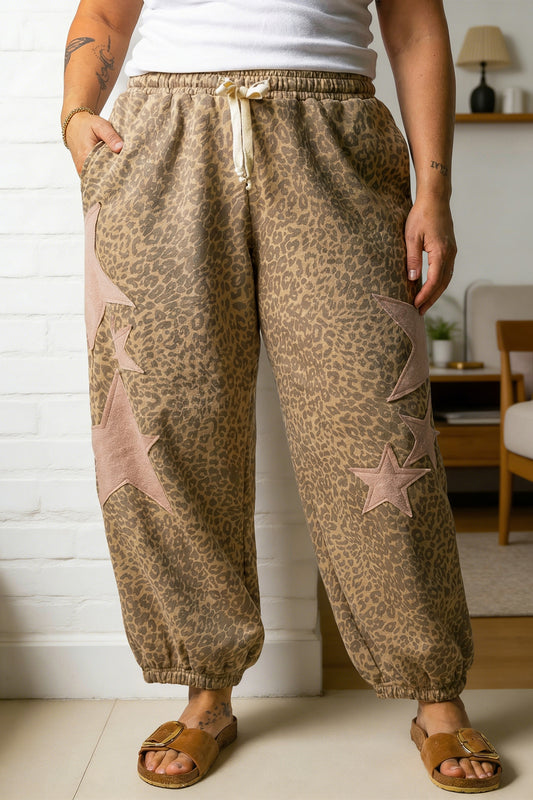Khaki Leopard Print Western Star Patch Jogger Pants 1X–4X