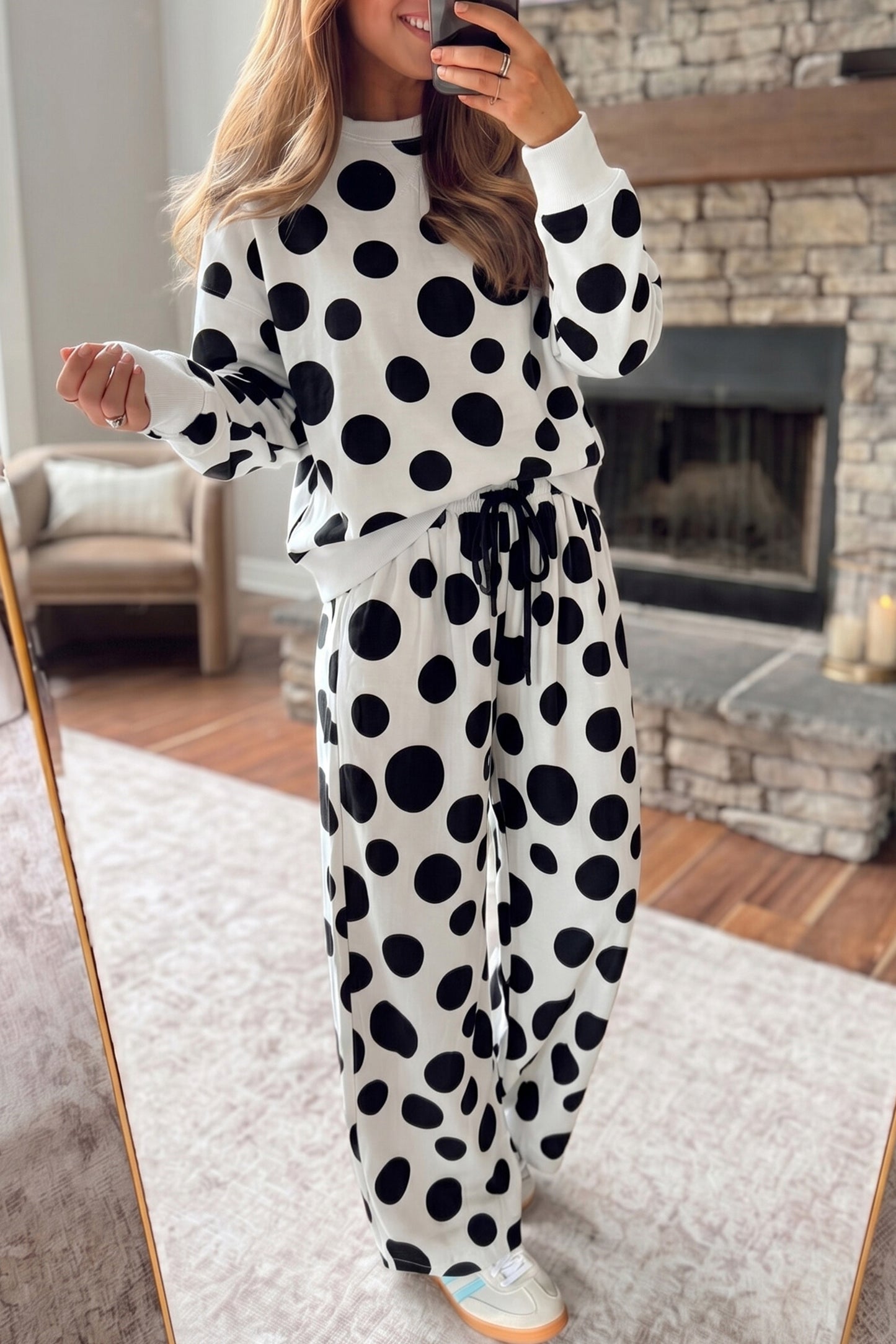 Polka Dot Long Sleeve Top & Drawstring Pants Set