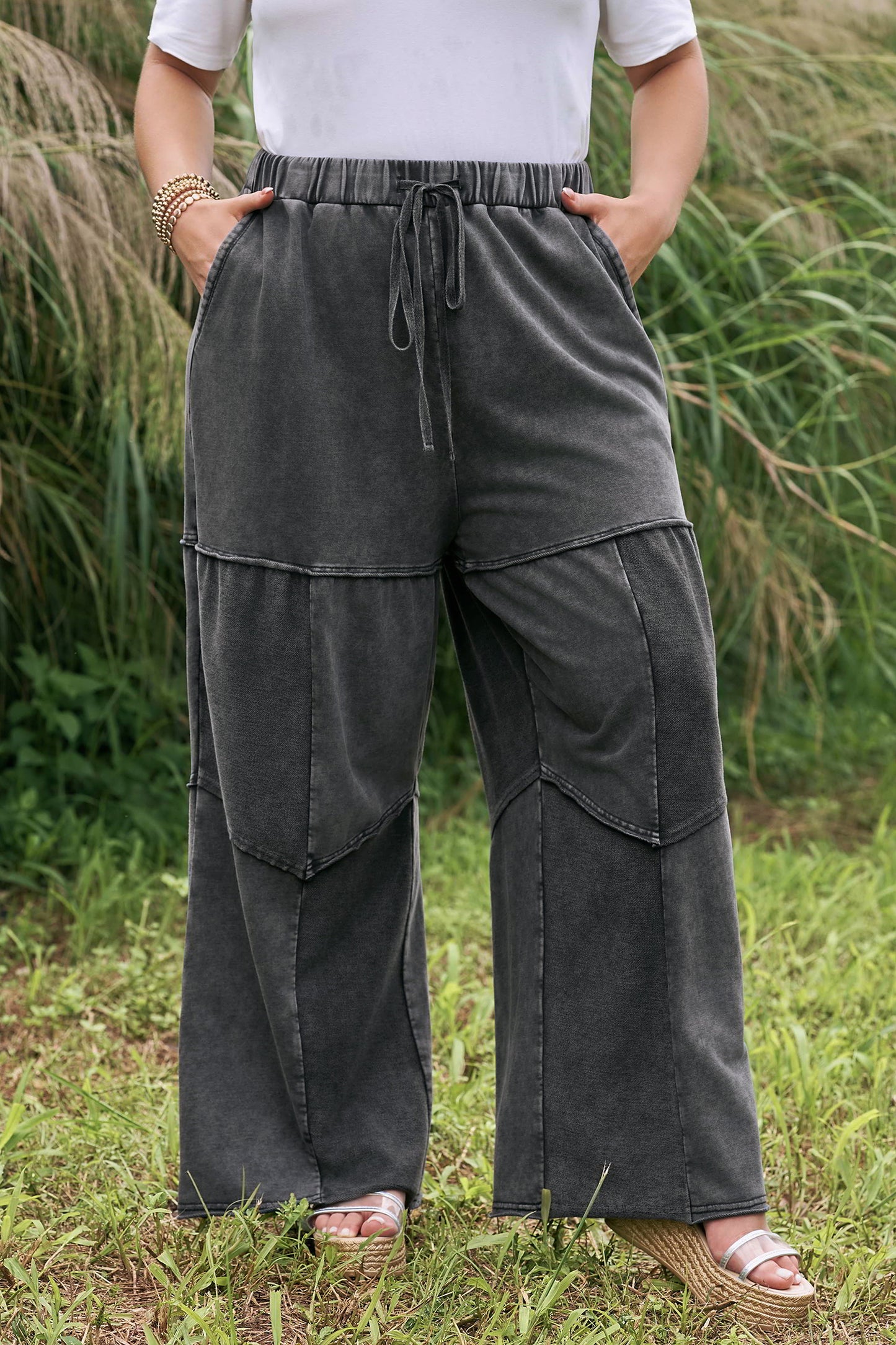 Black Mineral Wash Exposed Seam Drawstring Loose Pants 1X–4X