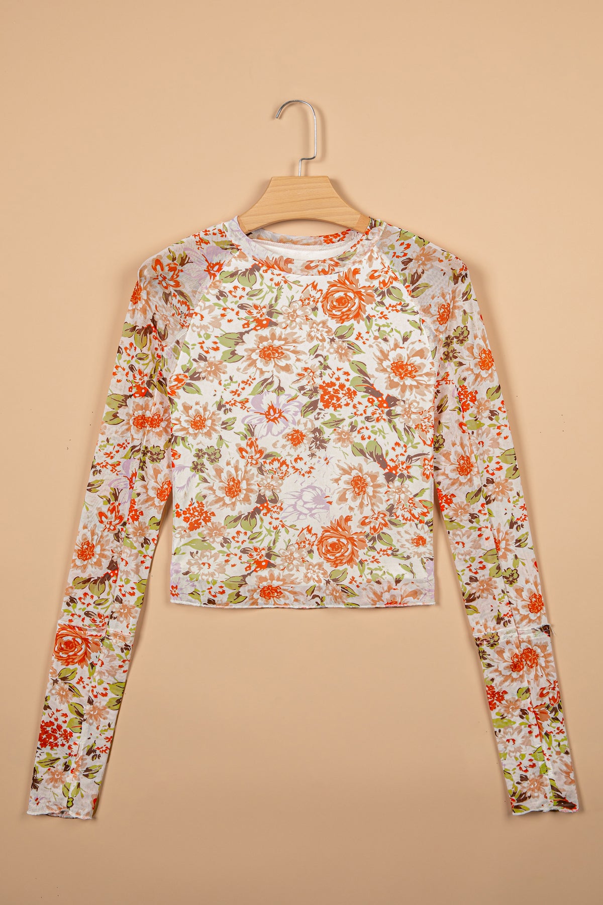 Multicolor Floral Mesh Thumbhole Long Sleeve Mesh Top