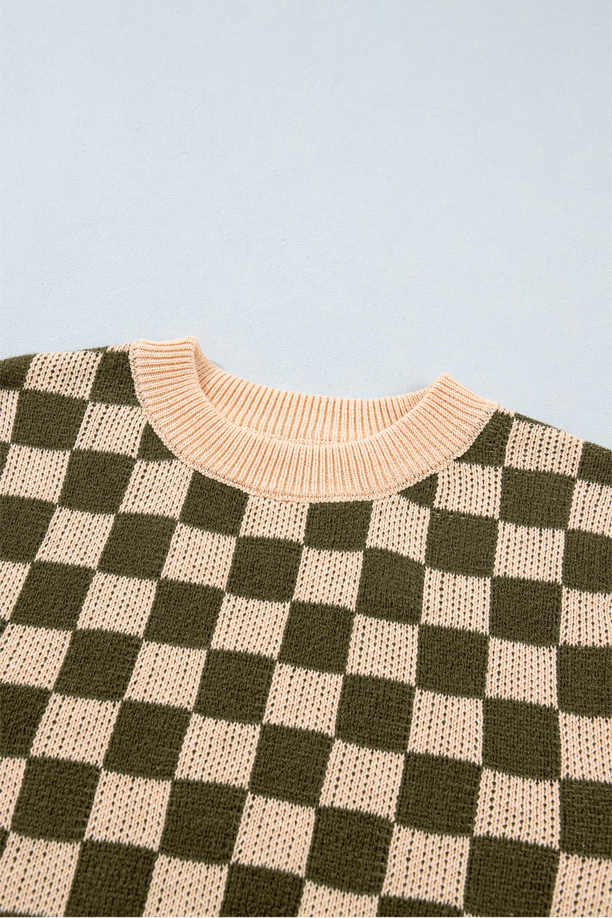 Brown Two Tone Drop-Shoulder Checkered Knit Sweater