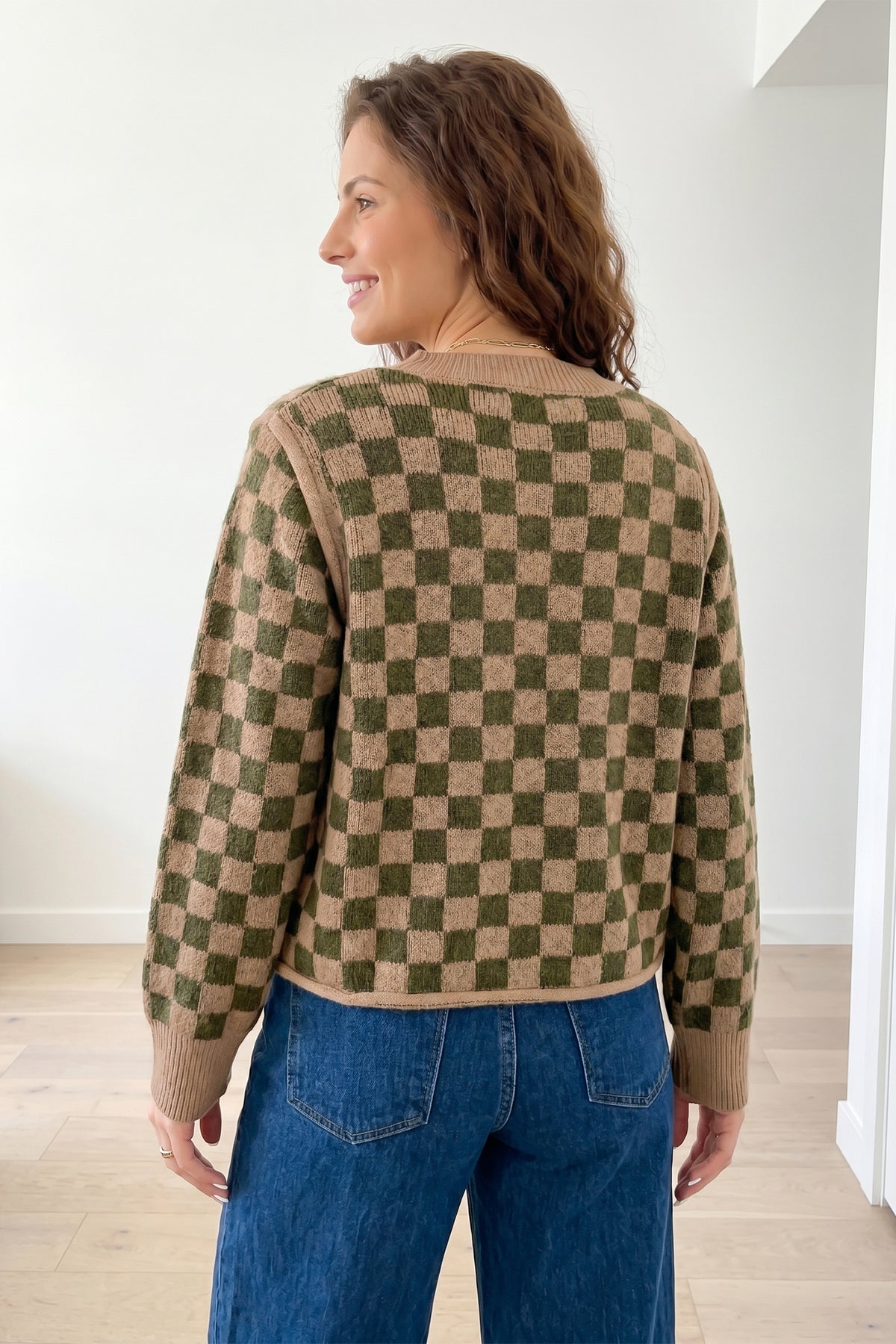 Brown Two Tone Drop-Shoulder Checkered Knit Sweater
