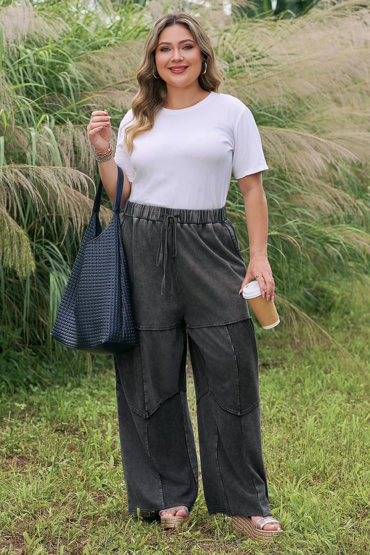 Black Mineral Wash Exposed Seam Drawstring Loose Pants 1X–4X