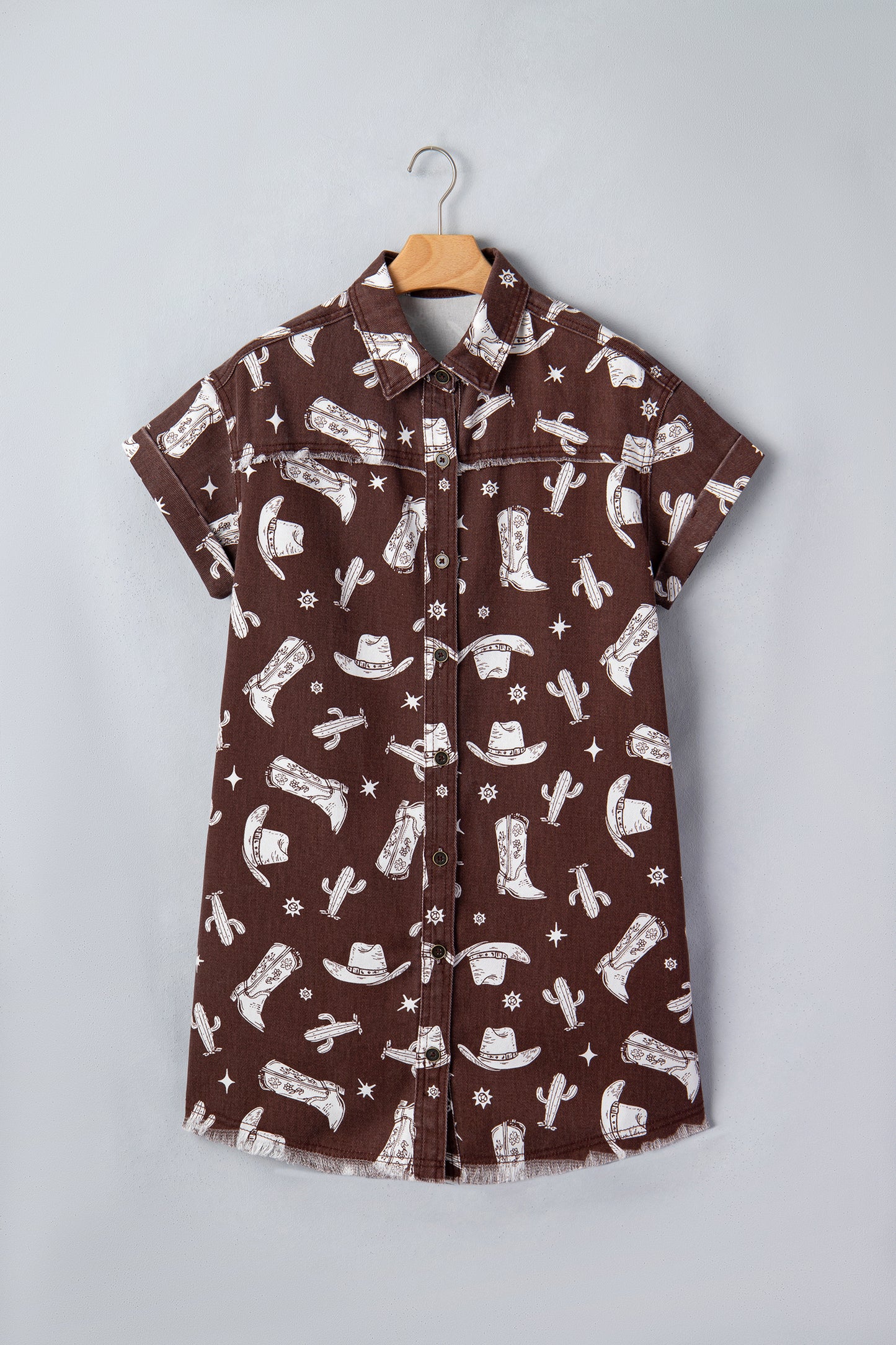 Brown Cowgirl Print Raw Edge Denim Dress