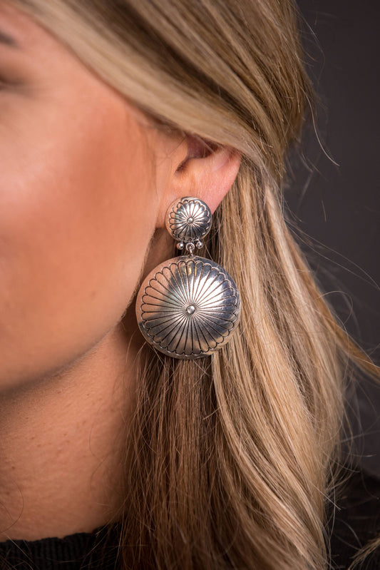 Burnished Silver Round Double Concho Earring