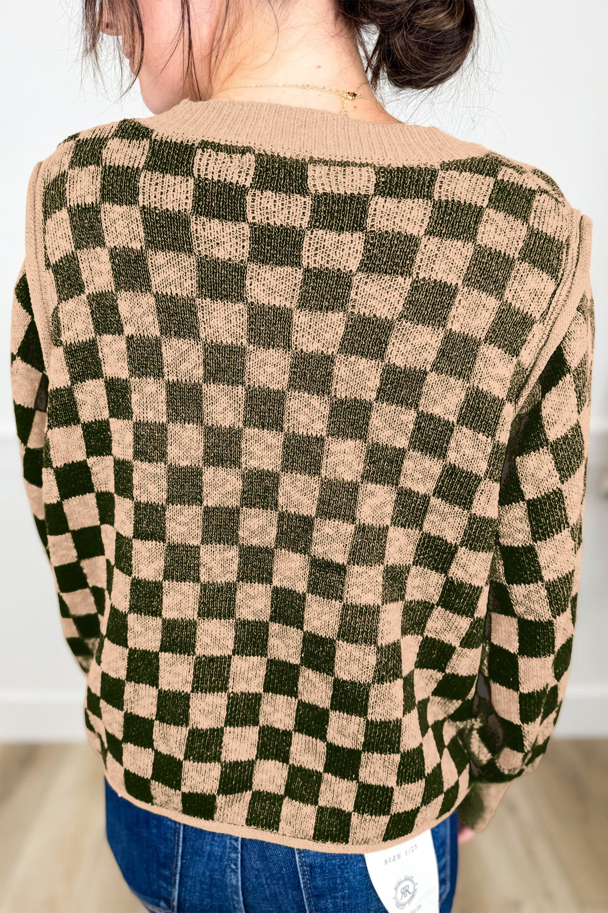 Brown Two Tone Drop-Shoulder Checkered Knit Sweater