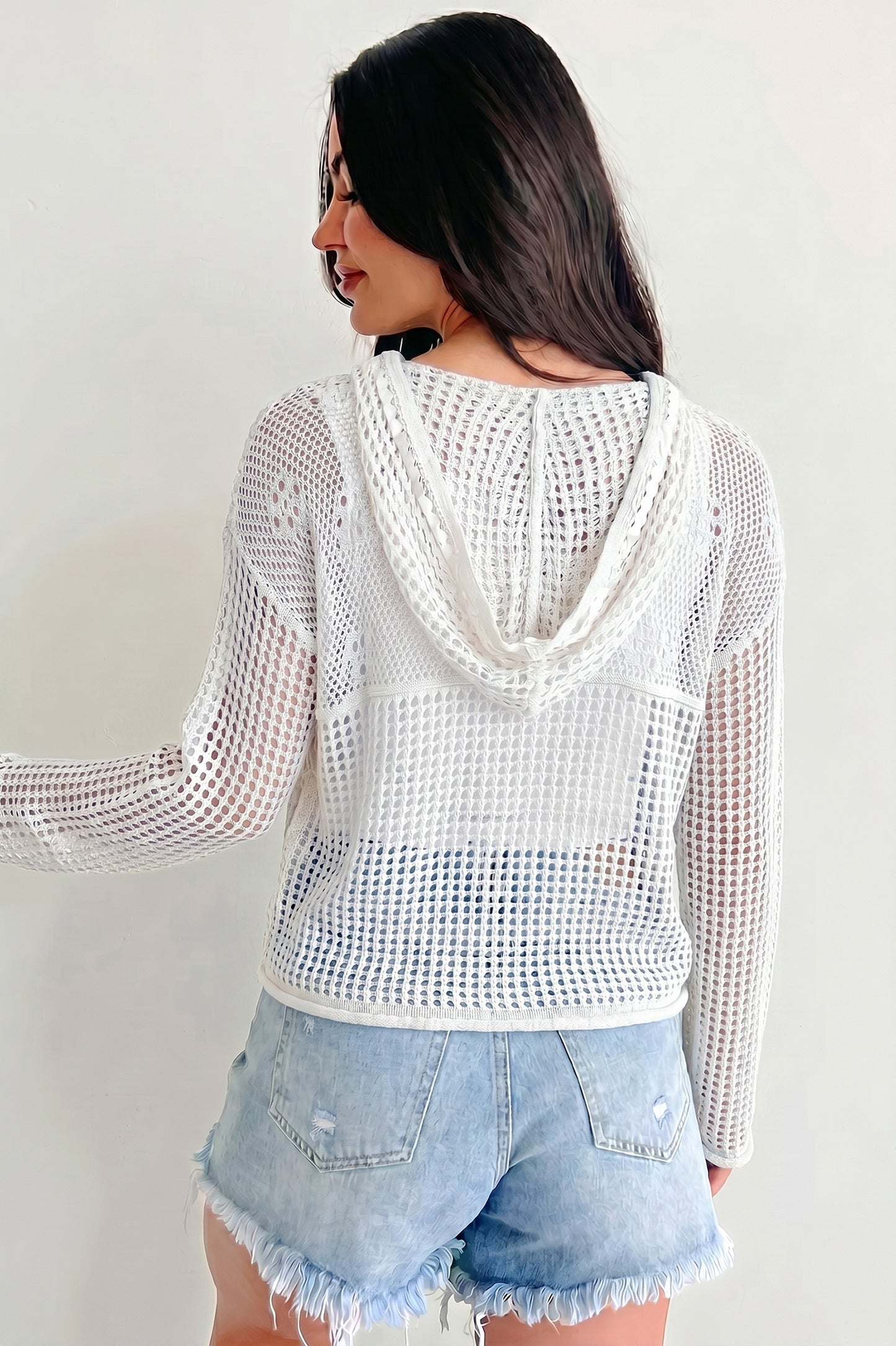 White Hollow Out Crochet Knit American Flag Patched Sweater Hoodie