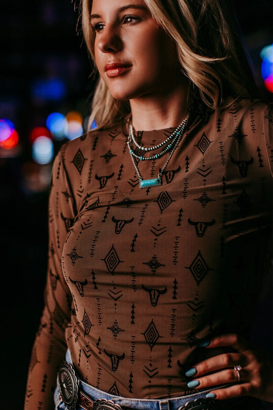 Western Print Sheer Mesh Long Sleeve Top