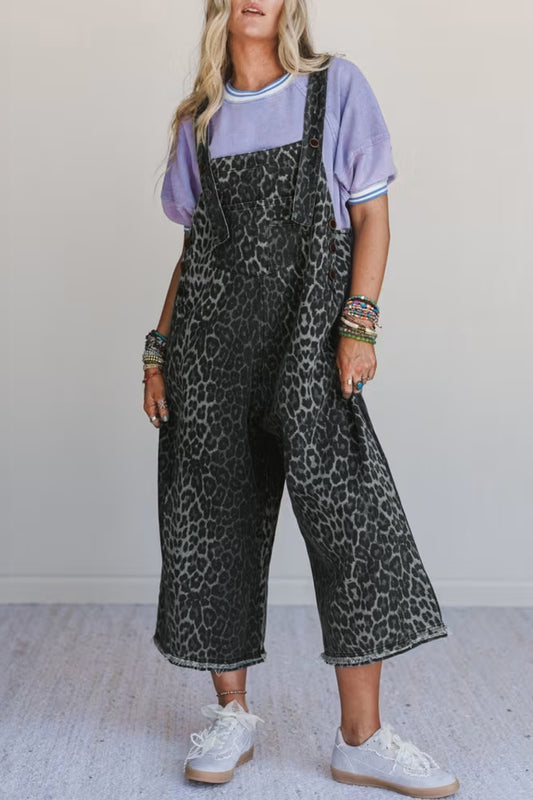 Leopard Print Cropped Denim Overalls