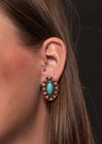 Elongated Turquoise and Corral Post Earring