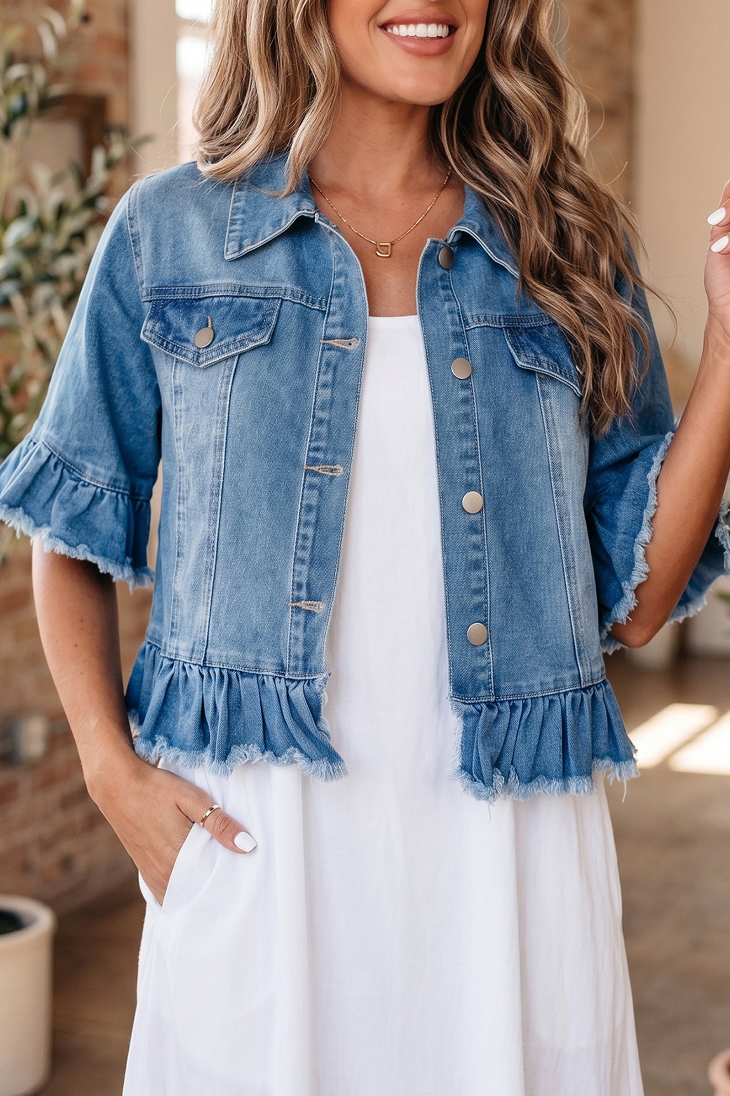 Blue Ruffle Hem Raw Edge Half Sleeve Western Denim Jacket