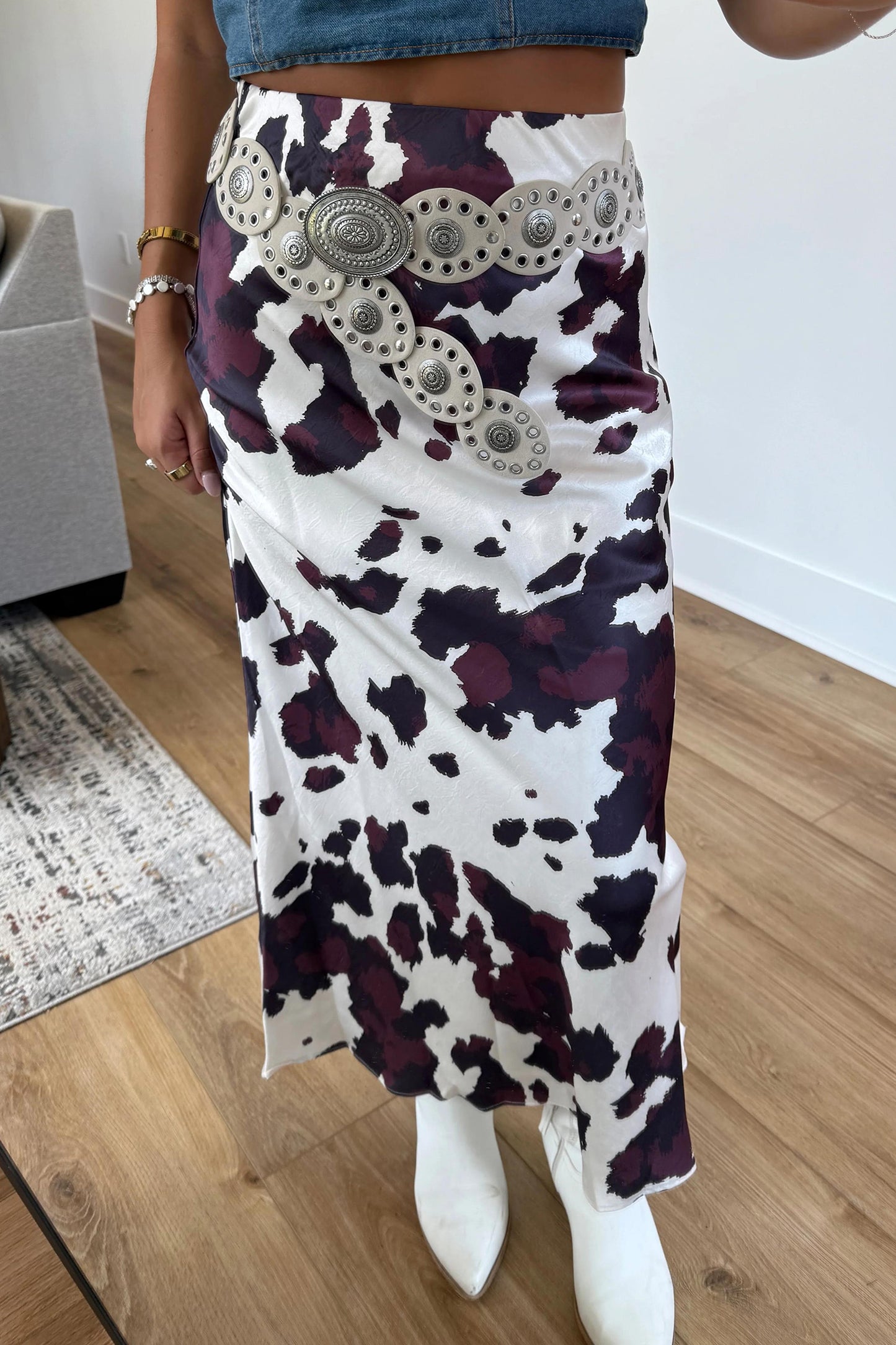 Cow Print Zip-Up Midi Skirt