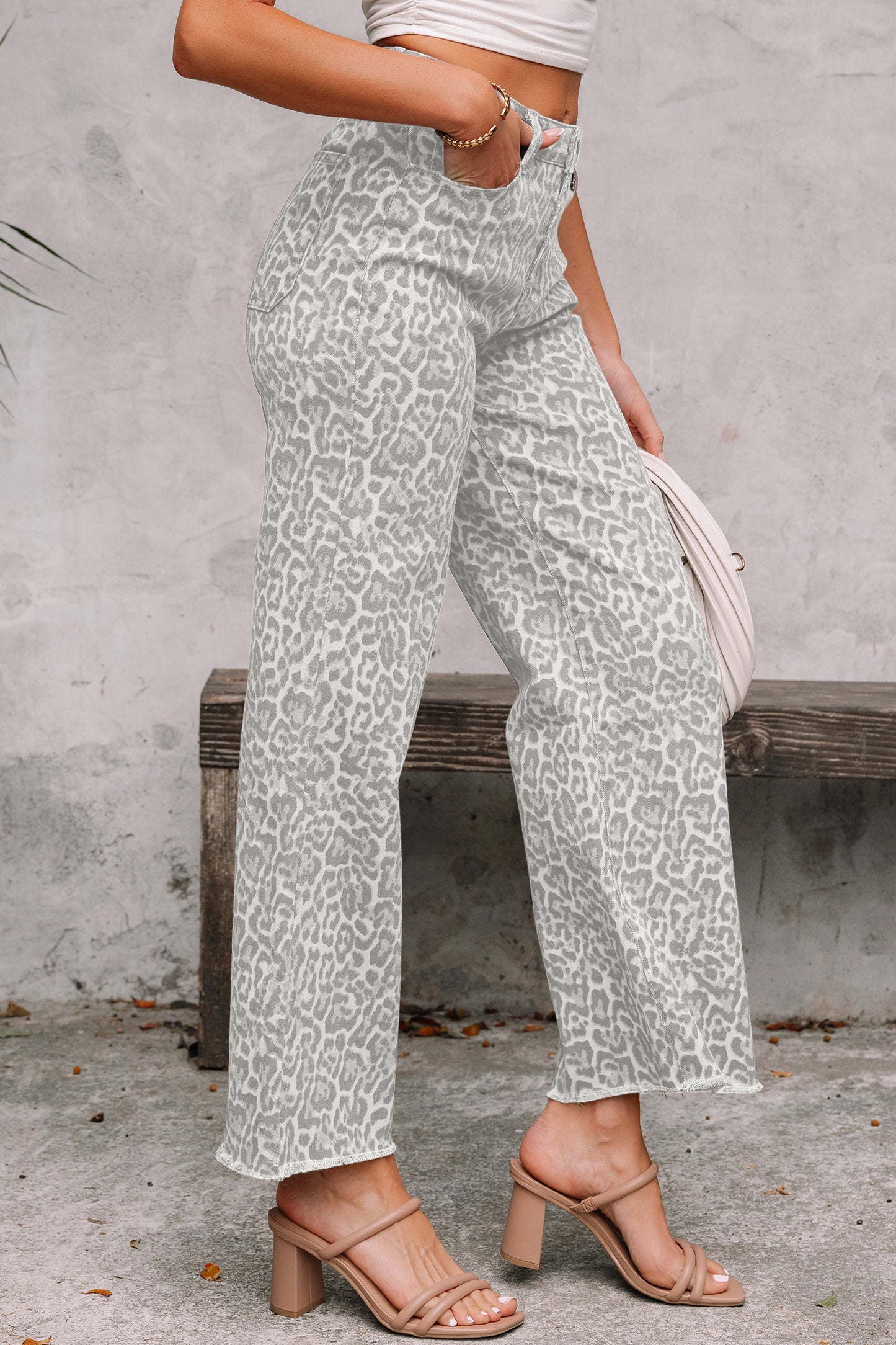 Leopard Frayed Wide Leg Jeans Multiple Colors