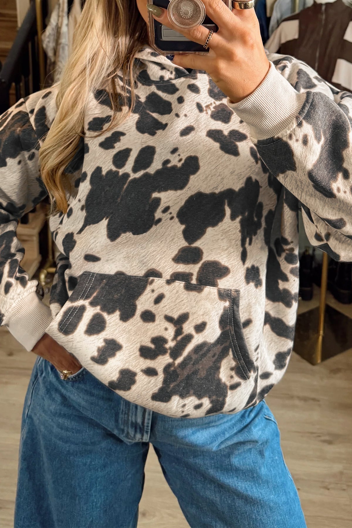 Western Cow Print Pocket Hoodie | S–XL