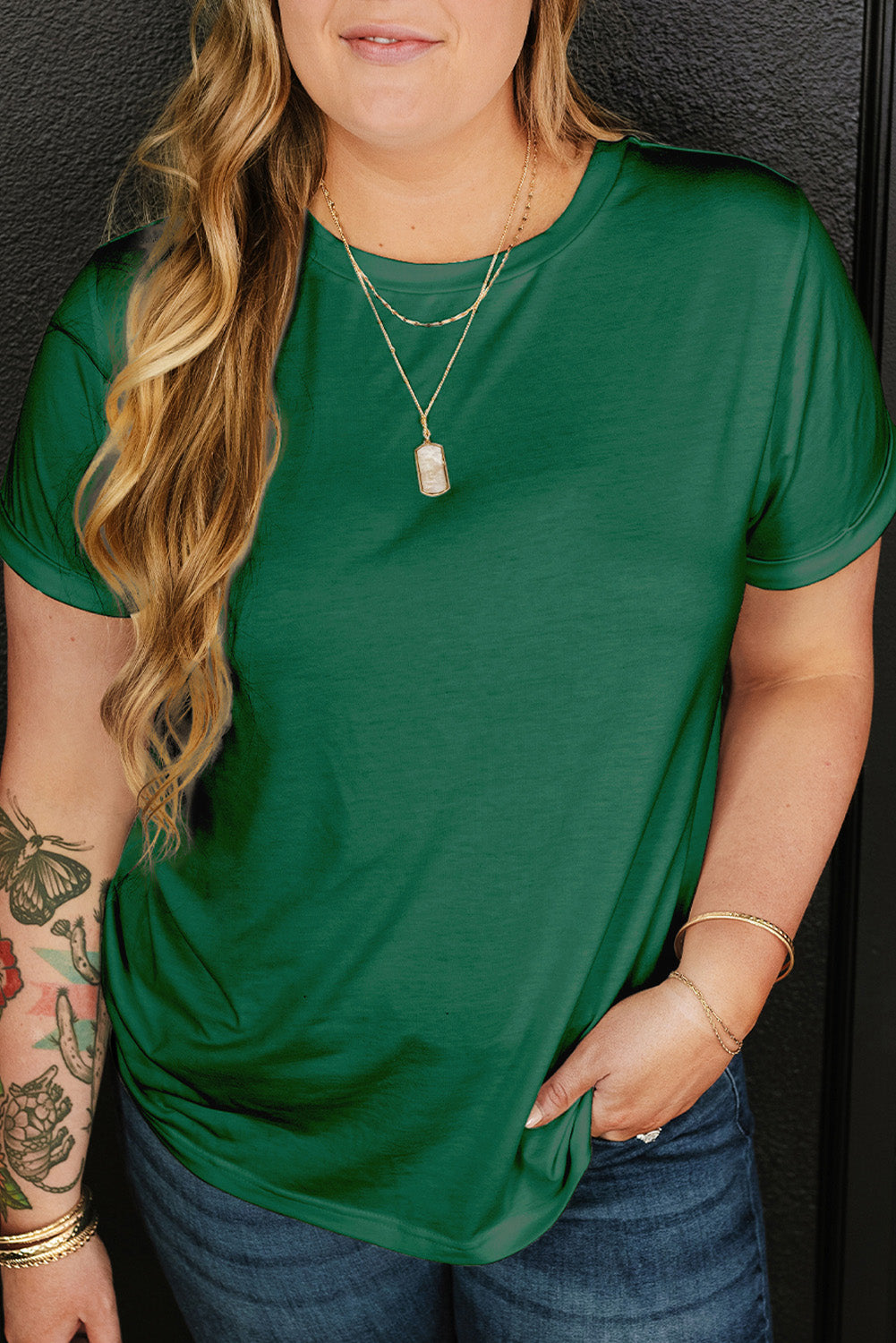 White Round Neck Rolled Sleeve Plus Size T-shirt