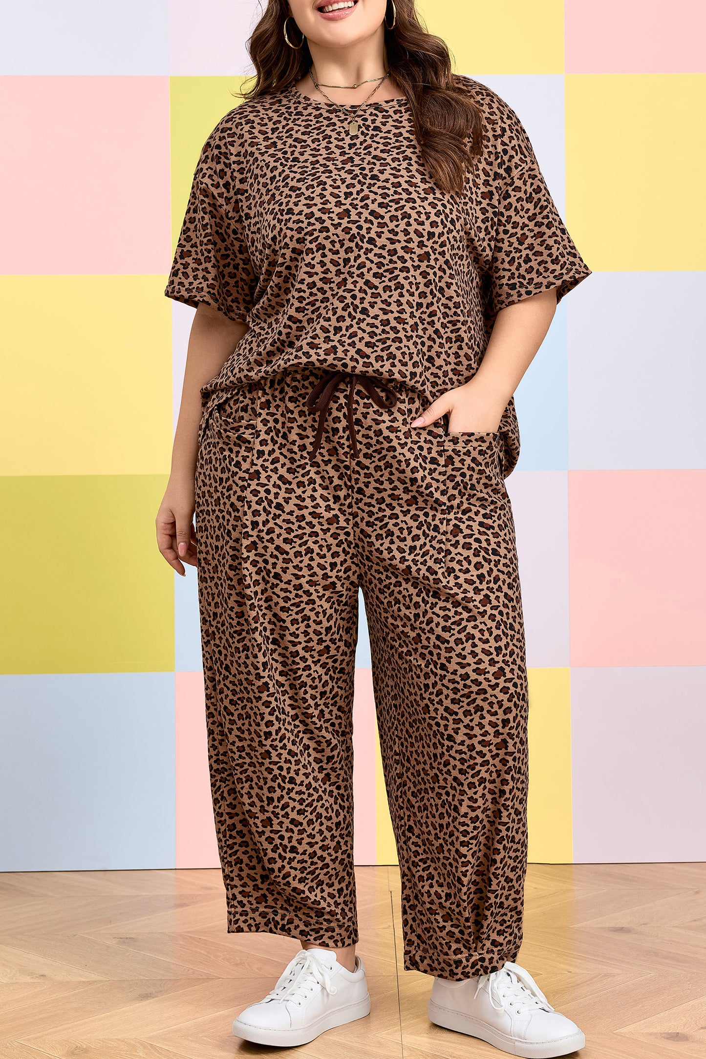 Brown Leopard Plus Size Top & Pleated Pants Set