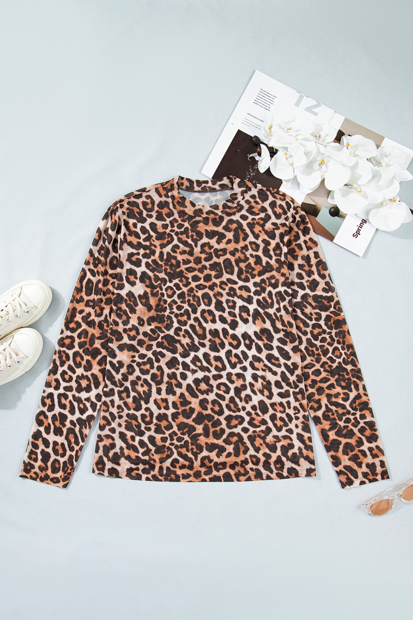 Plus Leopard Mesh Long Sleeve Top