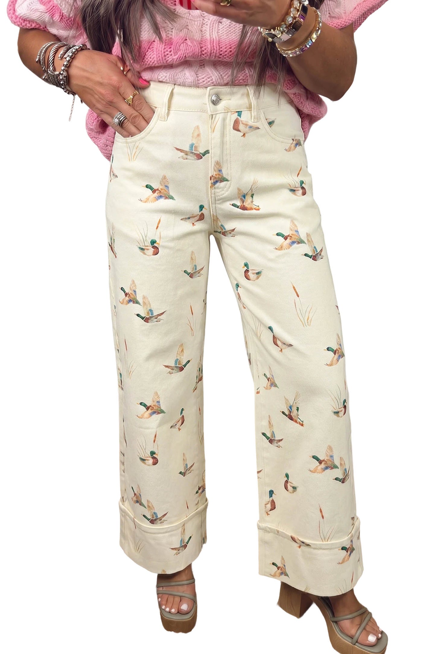 Beige Mallard Printed Cuffed Hem Jeans