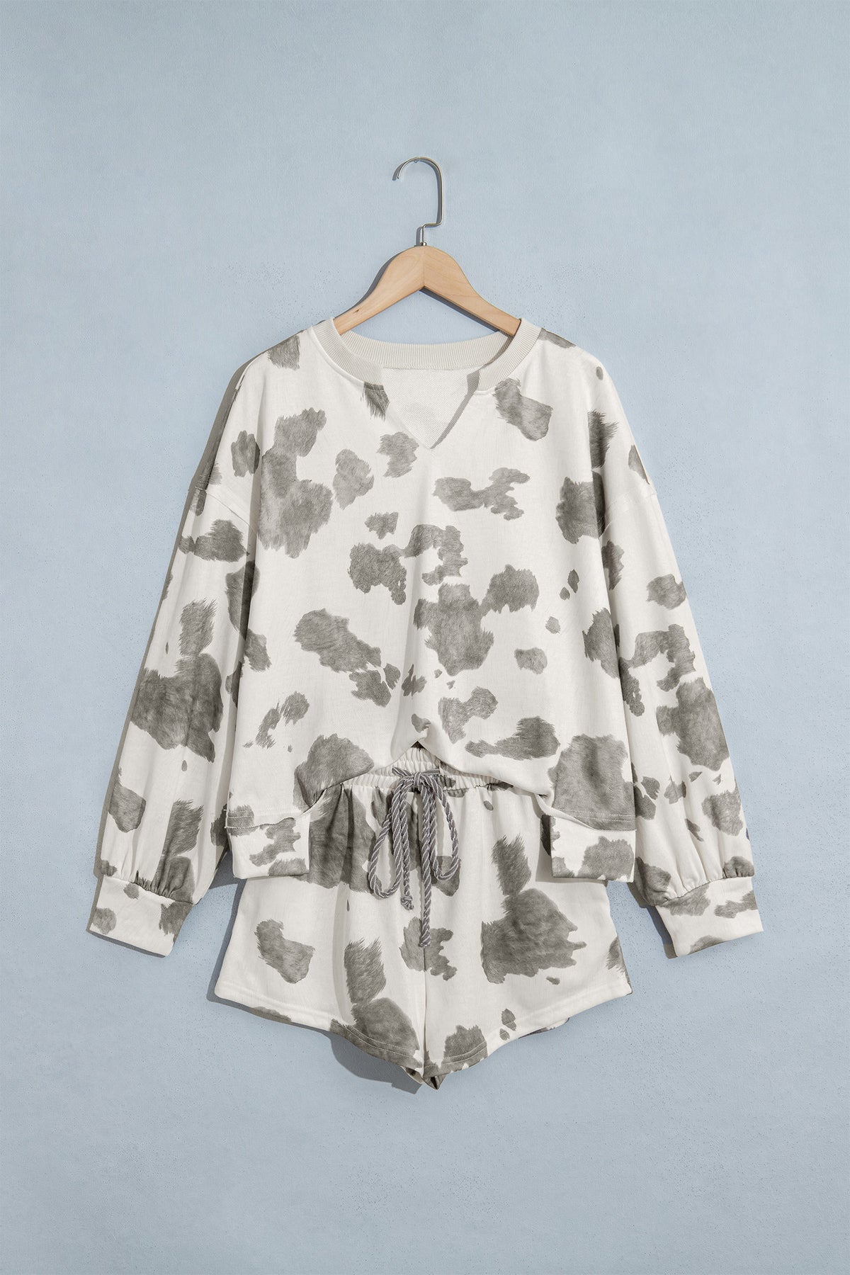Gray Cow Print Western Raw Hem 2-Piece Shorts Set