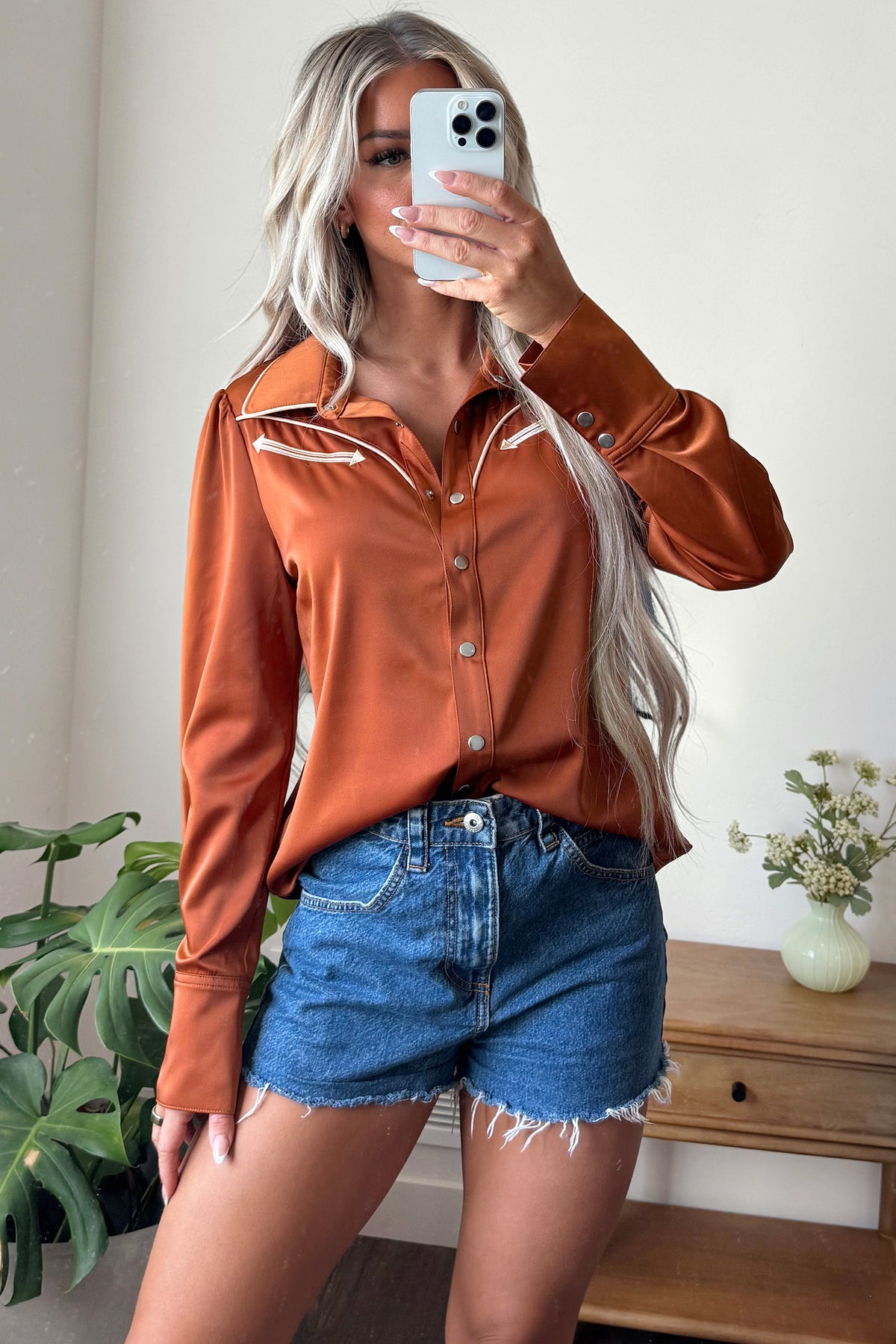 Cinnamon Silky Western Yoke Button-Front Shirt