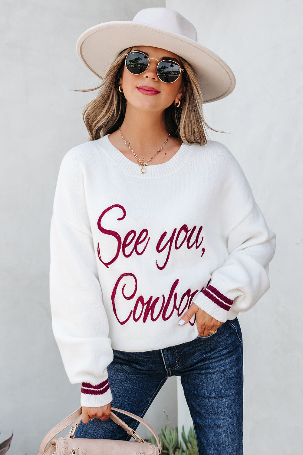 White "See You Cowboy" Embroidered  Graphic Sweater