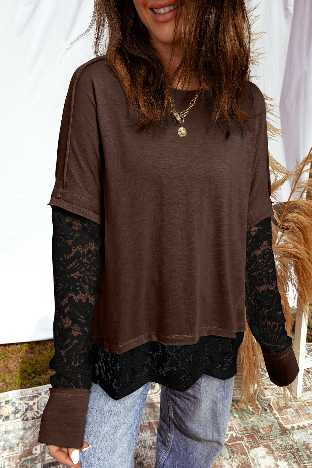 Sheer Lace Patchwork Long Sleeve Tee in Dark and Light Brown