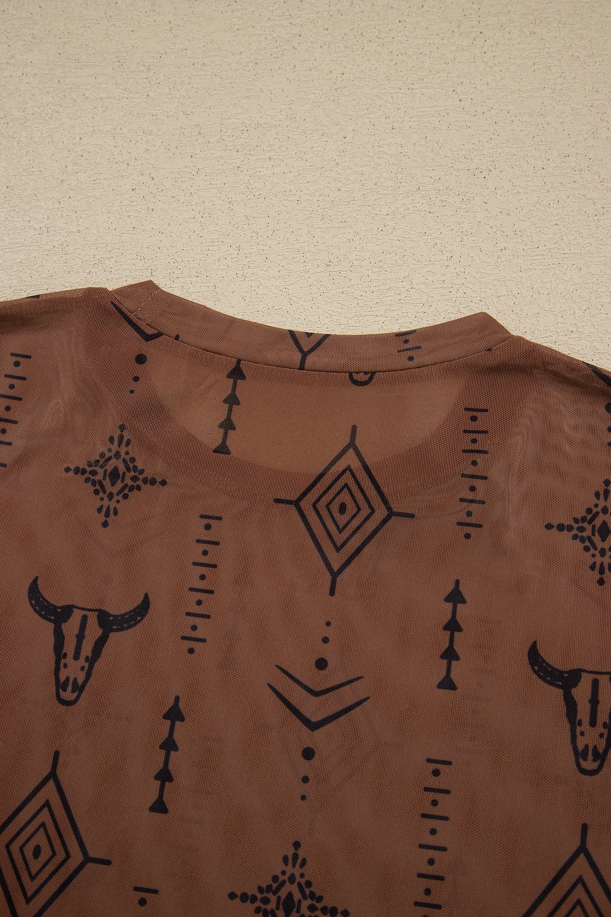 Western Print Sheer Mesh Long Sleeve Top