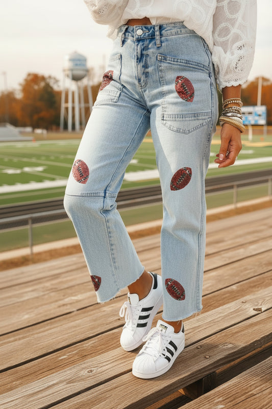 Beau Blue Sequin Football Raw Hem Jeans