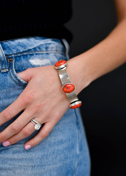 Burnished silver Bangle with 5 Red Oval Stones