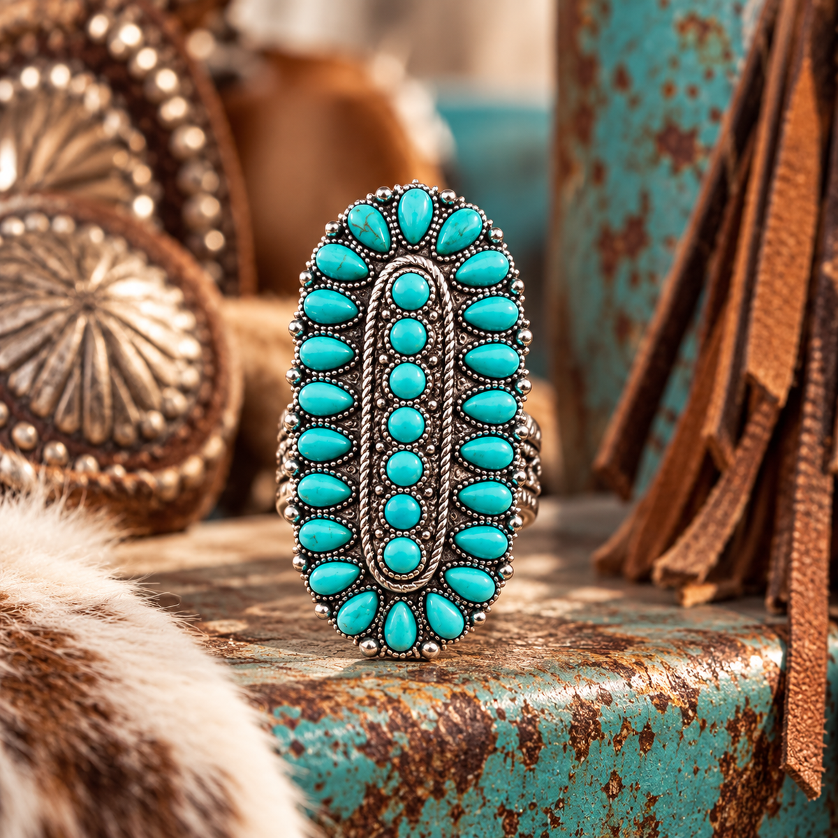 Adjustable Western Turquoise Stone Concho Cuff Ring