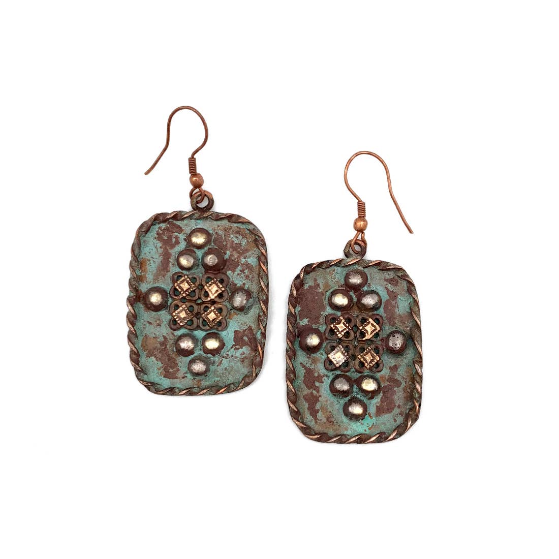 Copper Patina Earrings - Rivets in Turquoise Rectangle
