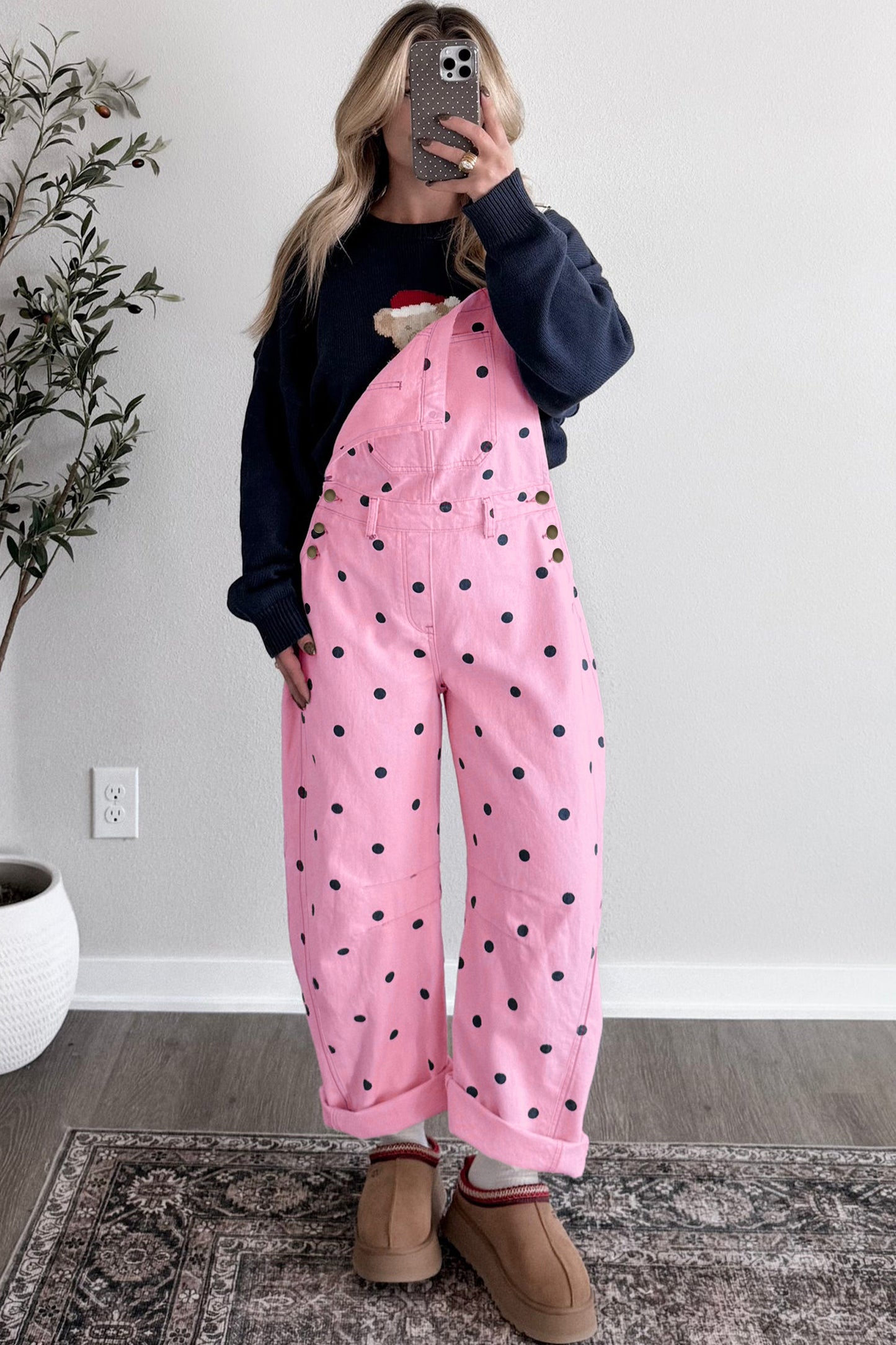 Jet Stream Polka Dot Print Bib Pocket Denim Barrel Overalls Jumpsuit