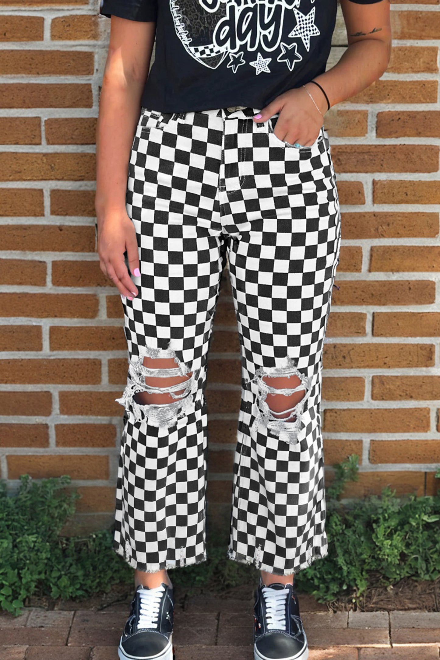 Black Checkerboard Cropped Distressed Jeans 🖤✨