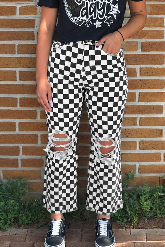 Black Checkerboard Cropped Distressed Jeans 🖤✨