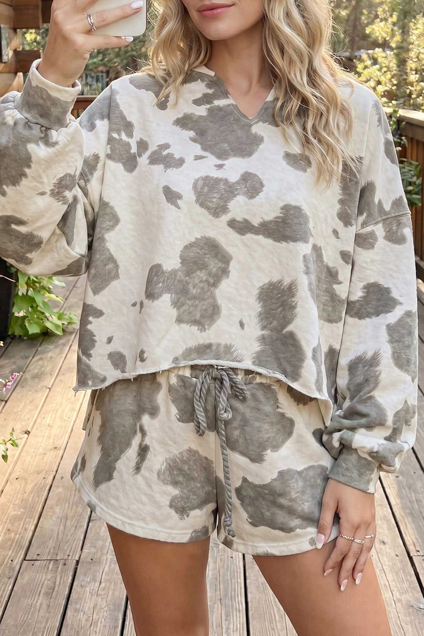 Gray Cow Print Western Raw Hem 2-Piece Shorts Set