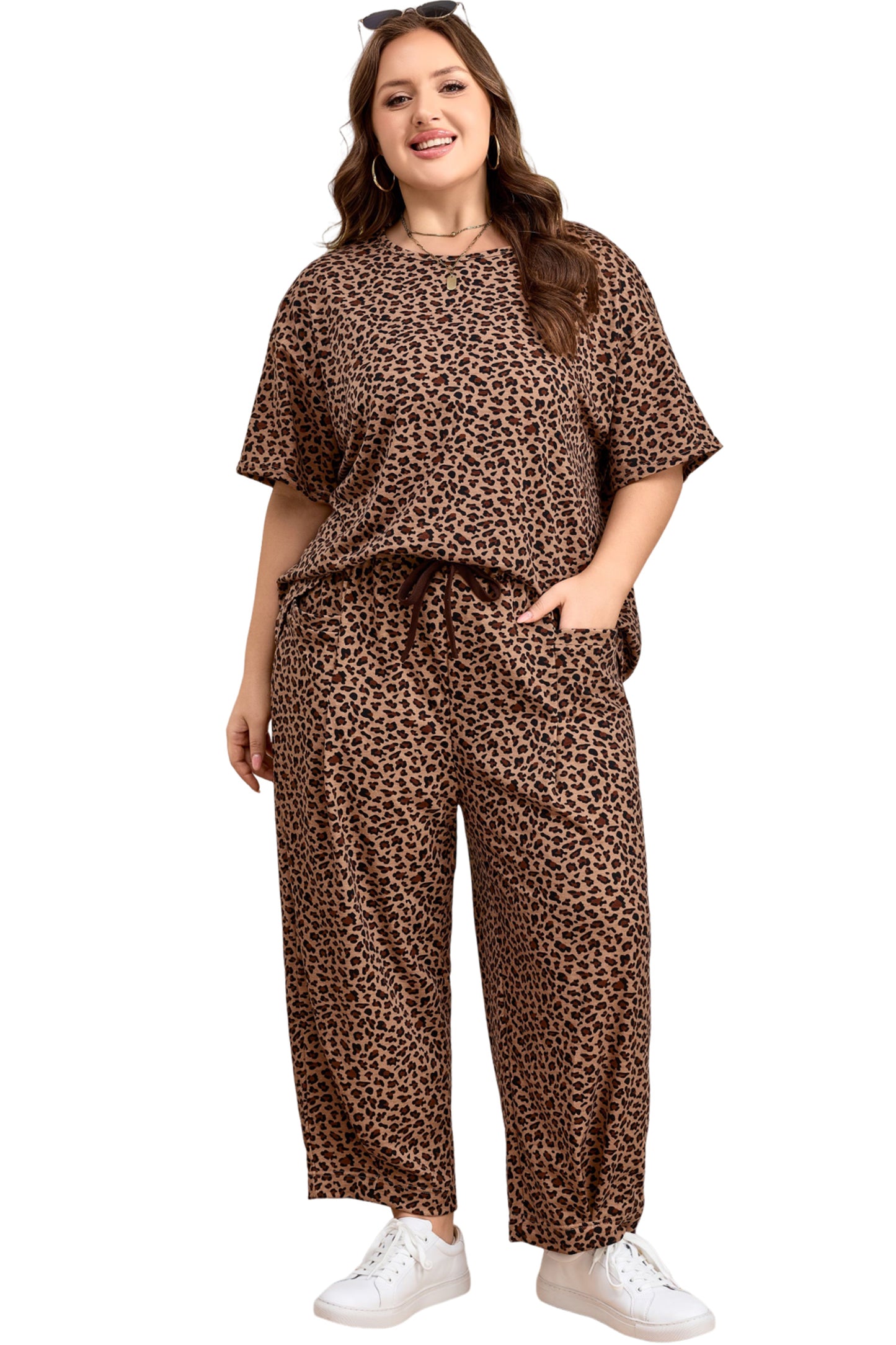 Brown Leopard Plus Size Top & Pleated Pants Set