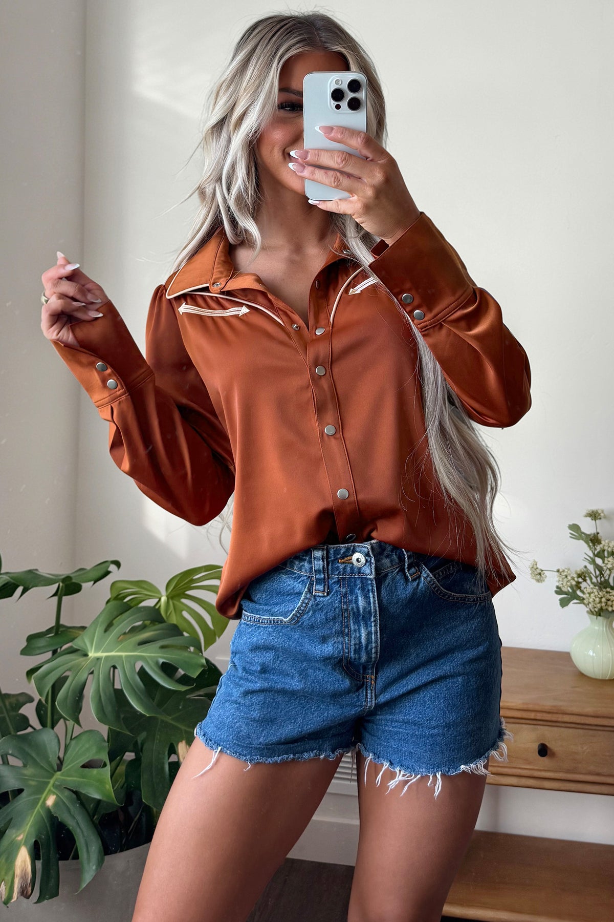 Cinnamon Silky Western Yoke Button-Front Shirt