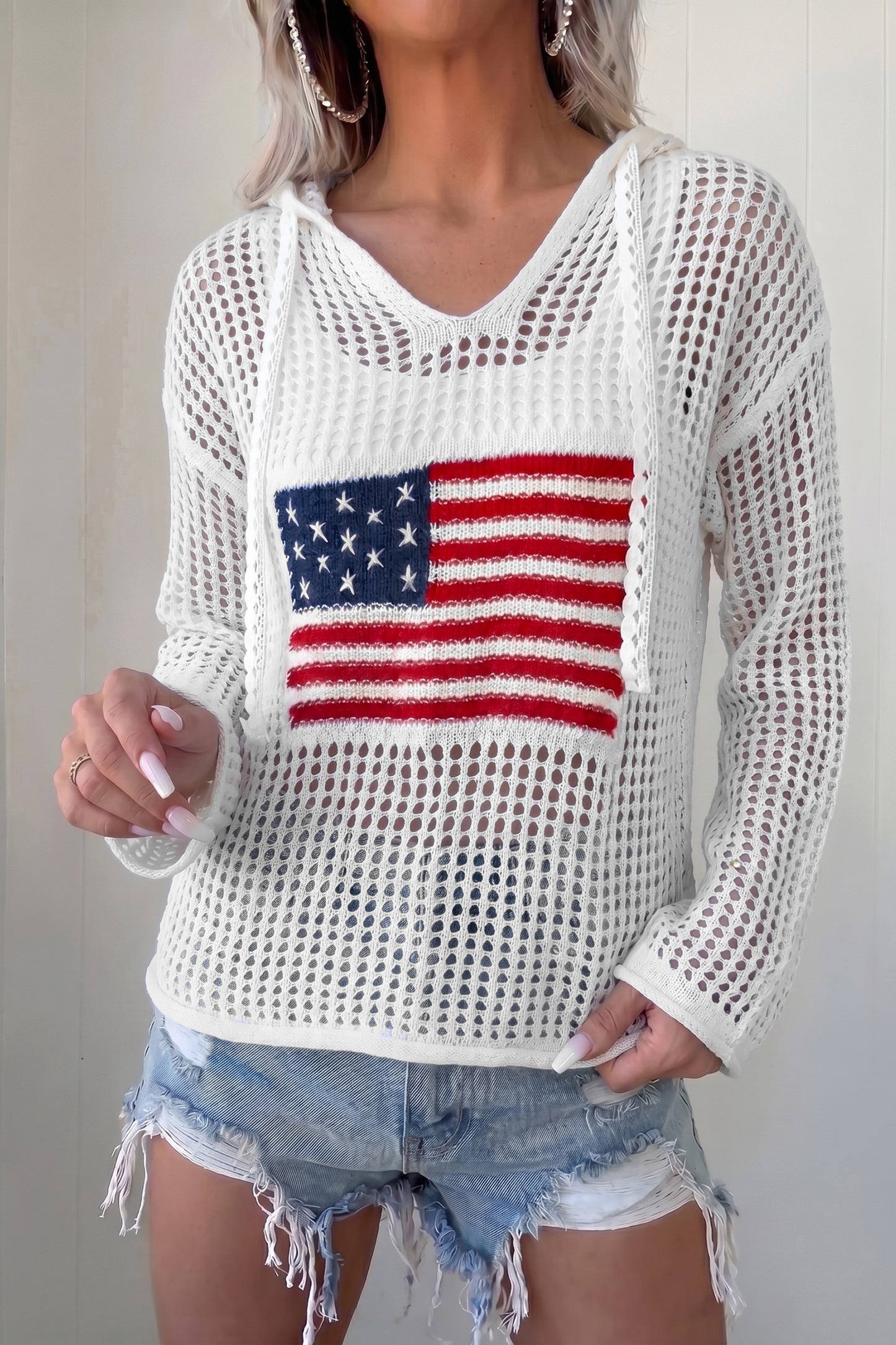 White Hollow Out Crochet Knit American Flag Patched Sweater Hoodie