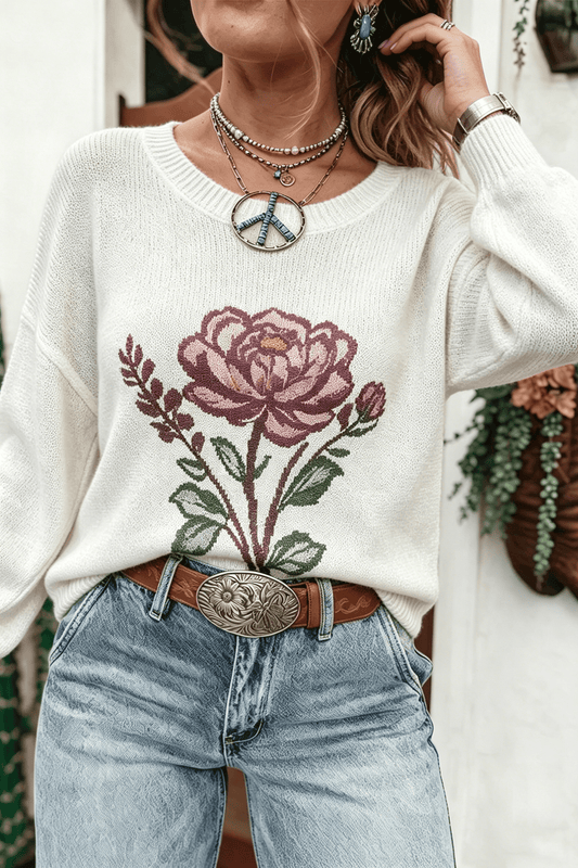 White Western Floral Lightweight Knit Sweater