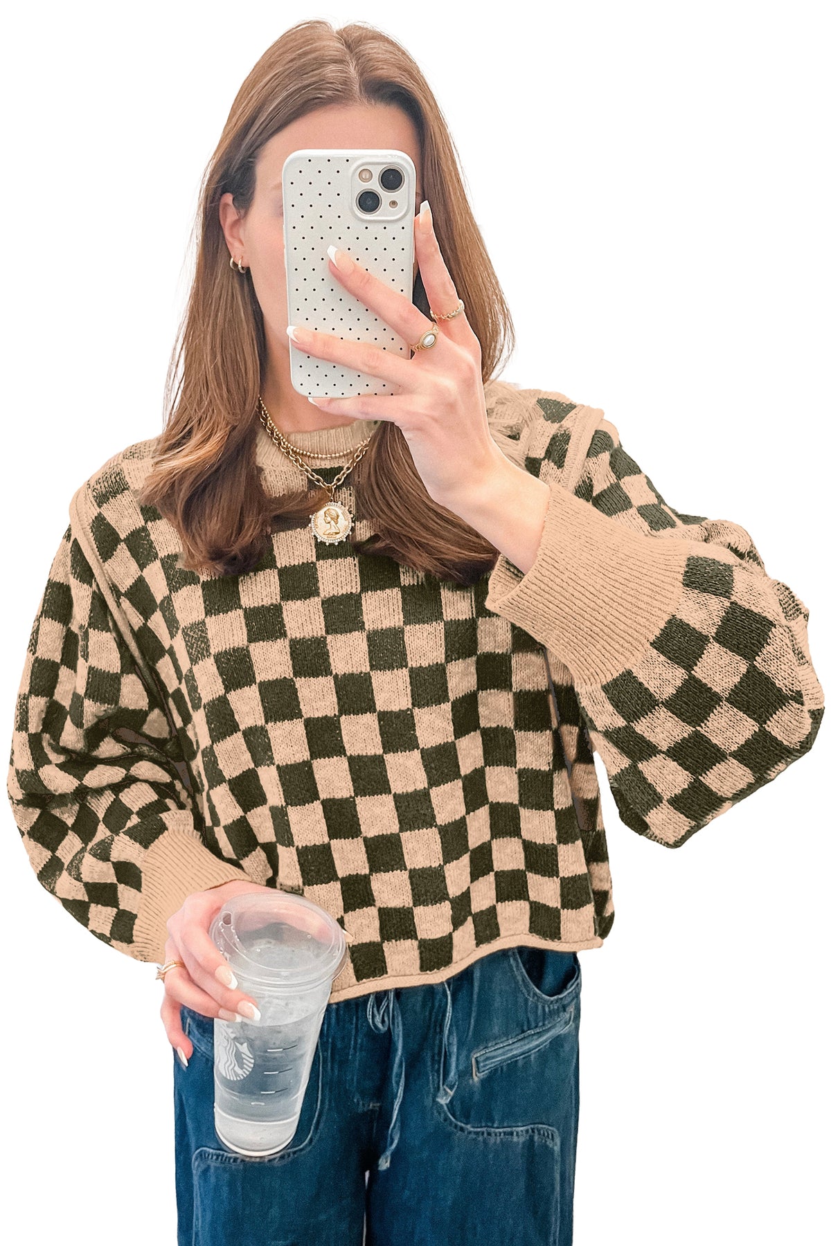 Brown Two Tone Drop-Shoulder Checkered Knit Sweater