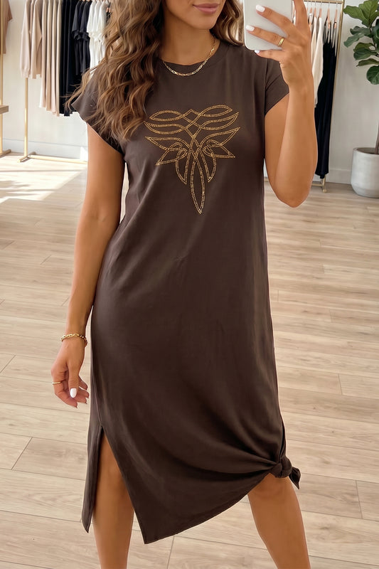 Western Boot Stitch Graphic Rhinestone Maxi Shift Dress