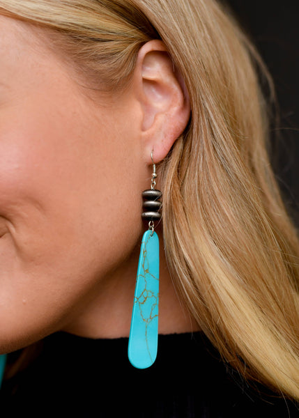 4" Turquoise Slab Earring on Fishhook with Faux Navajo Pearl