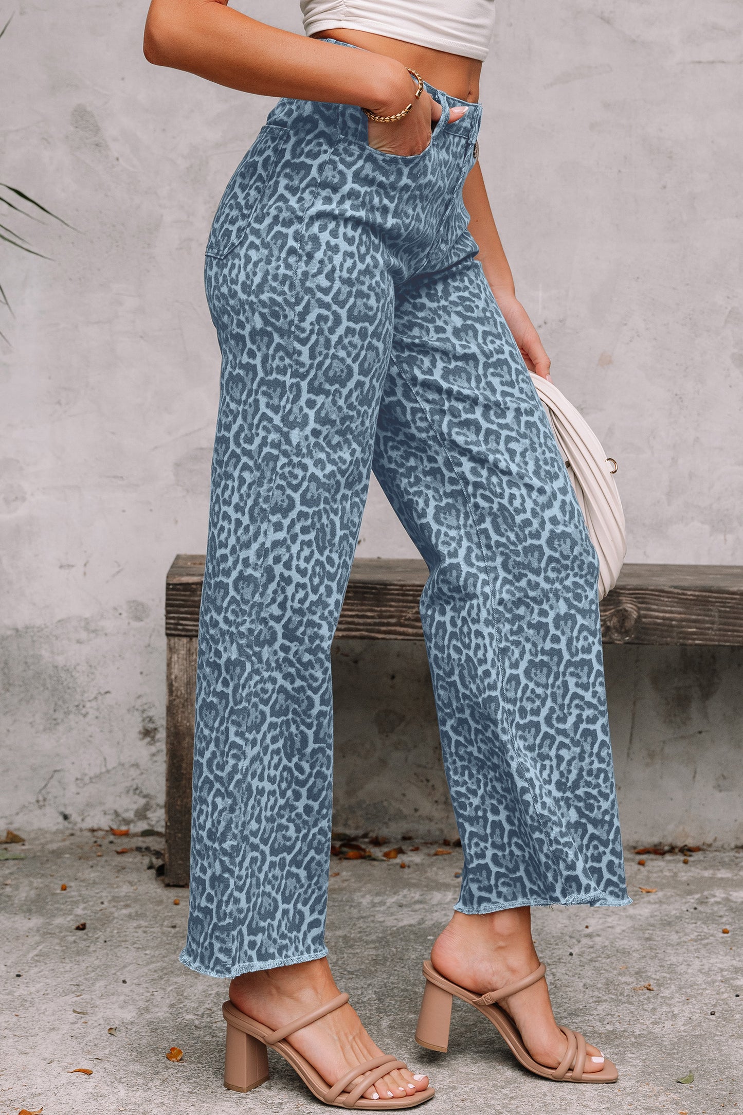 Leopard Frayed Wide Leg Jeans Multiple Colors