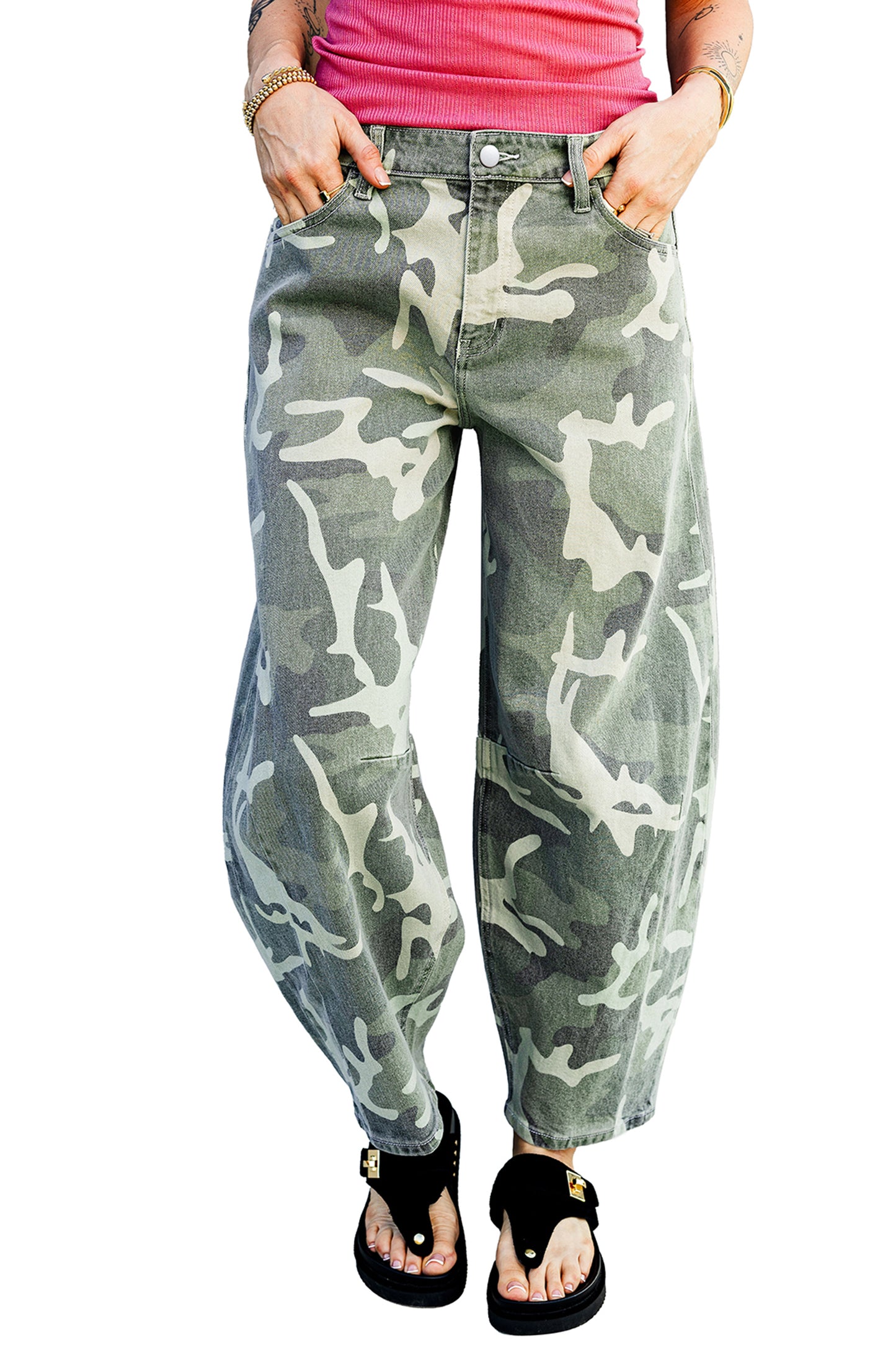 Green Camo Button Fly Straight Leg Ankle Jeans