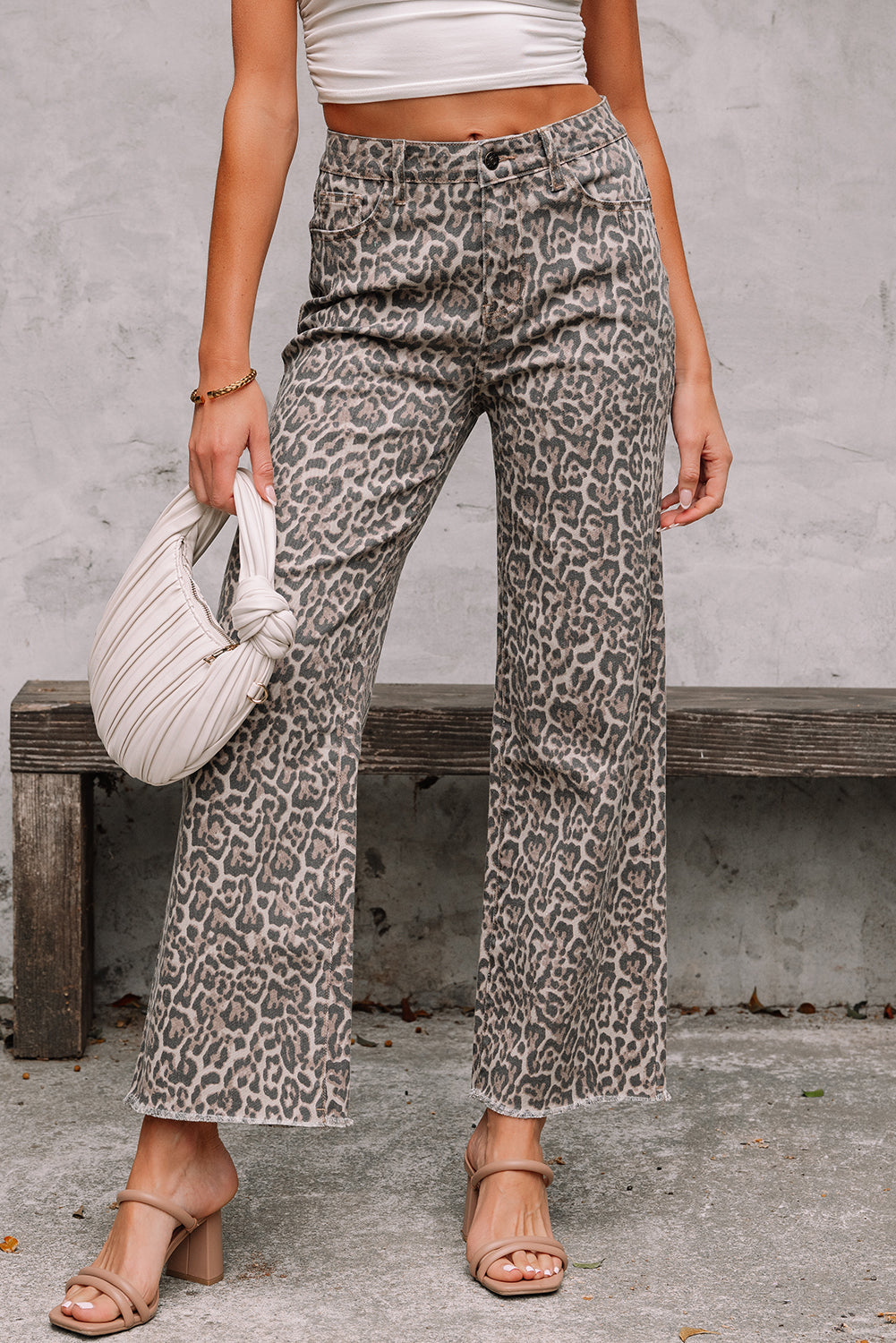 Leopard Frayed Wide Leg Jeans Multiple Colors