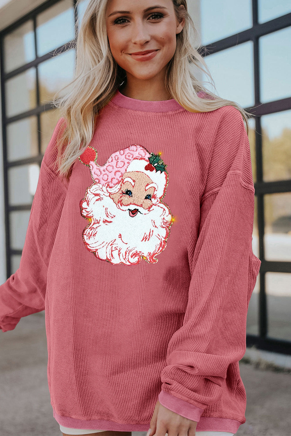 Strawberry Pink Santa Claus Sparkle Corded Crew Neck