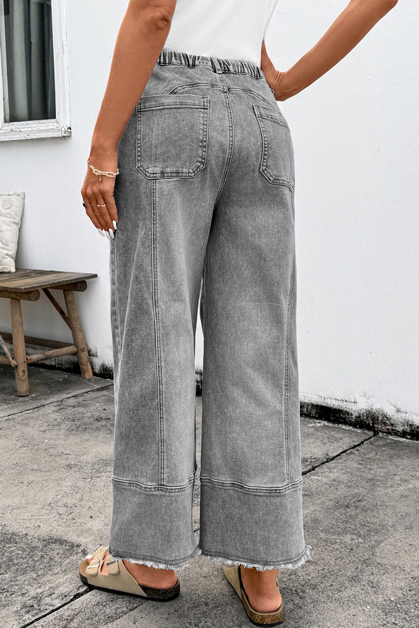 Drawstring Wide Leg Denim Pants in Blue and Gray